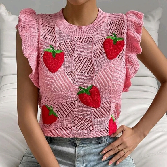 Tops - Strawberry Pattern Ruffle Trim Pointelle Knit Sweater Vest